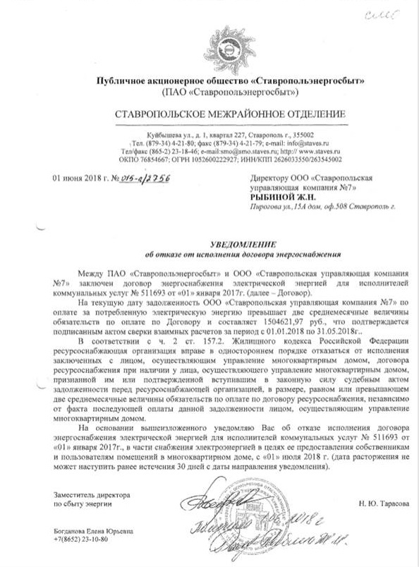 Уведомление об отказе от исполнения договора энергоснабжения